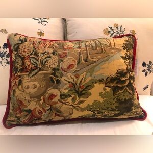 Travers & Co oblong pillow with orchard garden scene in tea colored linen